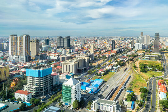 Modern office skyscrapers buildings with residential areas in rapidly developing Phnom Penh central business district panorama, Cambodia
