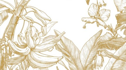 Golden Tropical Botanical Illustration: Exquisite Banana and Hibiscus Design