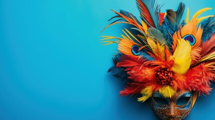 Fototapeta premium A dazzling carnival mask embellished with bold, radiant feathers is set against a dynamic yet subtle backdrop, offering copy space for creative use in showcasing the Rio de Janeiro Carnival spirit.