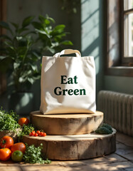 Tote bag designs supports eat green, on podium, dramatic resolution extra extremely realistic natural focus on the subject, generated by ai 