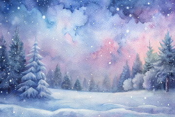 Watercolor painting of snowy winter forest landscape at night under pastel sky.