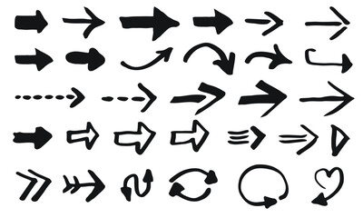 Collection of thirty arrows of different kinds and shapes, basic handdrawn full style, black ink, isolated.
