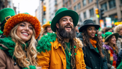 Diverse group of young people wearing colorful vibrant green and orange outfits and hats with shamrocks during St. Patrick's Day parade in urban street. Festive and multicultural atmosphere