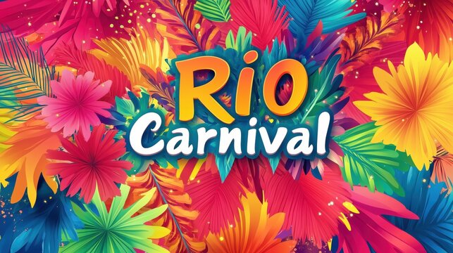 The text "Rio Carnival" stands out in bold, festive font against a colorful backdrop of swirling patterns, confetti, and sparkling lights.