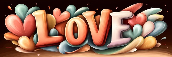 Colorful LOVE banner with vibrant hearts and swirls in a playful design displaying affection, ideal for romantic events or celebrations capturing the essence of love