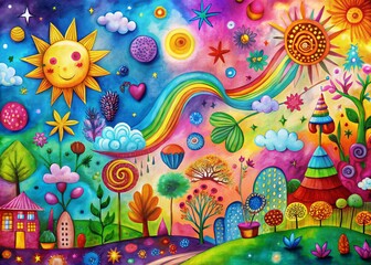 Obraz premium Boho Abstract Art: Colorful Hand-Drawn Shapes & Scribbles Background