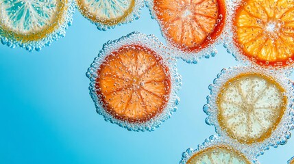 Citrus fruit slices submerged in sparkling water. (1)