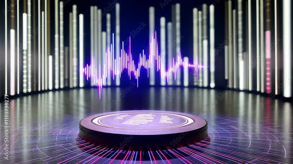 Aufkleber futuristic digital platform with glowing purple soundwave and vertical light beams creating high tec