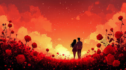 Fototapeta premium Romantic Couple Silhouetted Against a Sunset Over a Rose Garden