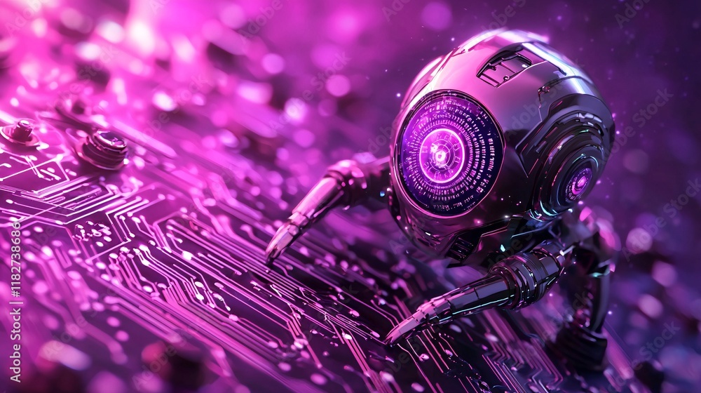 Poster robotic exploration of circuitry futuristic setting digital art neon environment close-up view techn