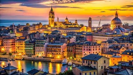 Naklejka premium Bokeh Lights over Genoa's Historic Port and Cityscape - Stunning Italy Travel Photo