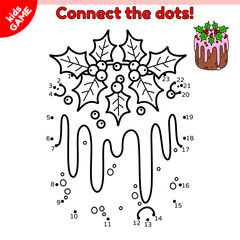 Dot to dot Christmas kids game. Connect the dots by numbers. Xmas bundt cake in pink glaze decorated mistletoe. Holiday sweet baking. Puzzle for education children. Educational activities book. Vector