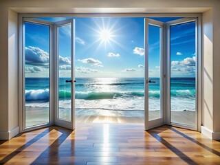 Breathtaking Ocean View Through Open Glass Doors - Coastal Home Interior