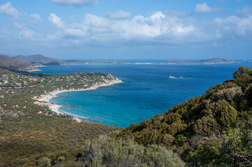 Aerial view of the beautiful beach of Porto Sa Ruxi in Sardinia with white sand and transparent...