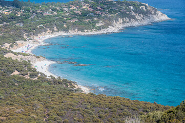 Aerial view of the beautiful beach of Porto Sa Ruxi in Sardinia with white sand and transparent...