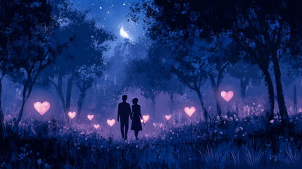 Fototapeta premium Romantic Couple Strolling Through an Enchanted Forest at Night