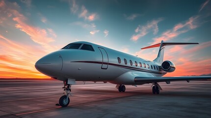 Obraz premium A private jet, white, flies above clouds against a warm autumn sky, orange and pink hues, evoking a charming, cozy feeling, the style is adorable and cute with earthy tones