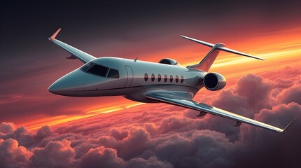 Obraz premium A private jet, white, flies above clouds against a warm autumn sky, orange and pink hues, evoking a charming, cozy feeling, the style is adorable and cute with earthy tones