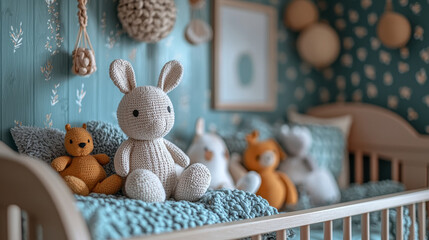 Handmade knitted toys in a cozy nursery crib.