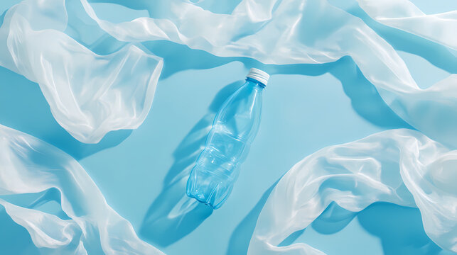 Empty plastic bottle and various fabrics made of recycled polyester fiber synthetic fabric on a blue background. Moonstream. Illustration