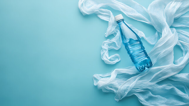 Empty plastic bottle and various fabrics made of recycled polyester fiber synthetic fabric on a blue background. Moonstream. Illustration