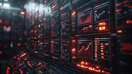 Obraz premium A high-tech control room filled with data screens displaying graphs and analytics.