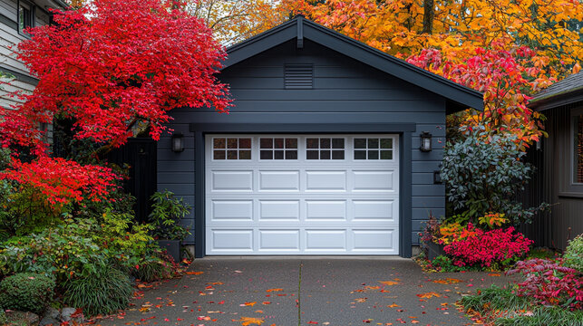 Autumnal garage scene: Dark gray detached garage with white door, framed by vibrant red and gold foliage.