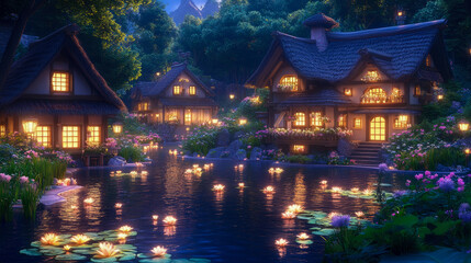 Fototapeta premium Enchanted Lakeside Village at Twilight: A Digital Painting of Cozy Cottages Illuminated by Warm Lights and Surrounded by Lush Greenery and a Serene Pond