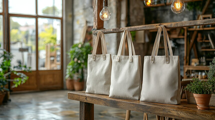 Three beige tote bags hang on a rustic wooden rack in a plant-filled interior.