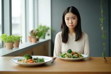 Young woman looking sad while choosing between healthy and unhealthy food, promoting healthy eating habits and balanced diet