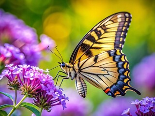 Fototapeta premium Canadian Tiger Swallowtail Butterfly on Purple Flower - Nectar Feeding Closeup