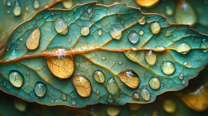 Obraz premium Close-up of green leaves adorned with water droplets, showcasing nature's beauty and detail.