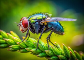 Fototapeta premium Candid Close-up of a Fly on a Lush Green Plant Against a Verdant Background