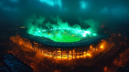 Exciting night atmosphere at a vibrant stadium during a thrilling football match with impressive lighting