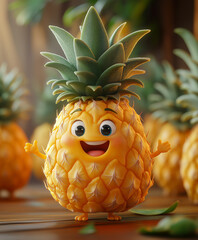 Friendly pineapple in a realistic 3d render with depth