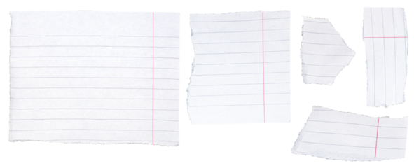 Set of torn paper of note book on transparent backgorund