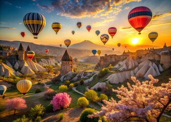 Obraz premium Cappadocia Hot Air Balloons Sunrise: Breathtaking Goreme Valley Spring Scenery
