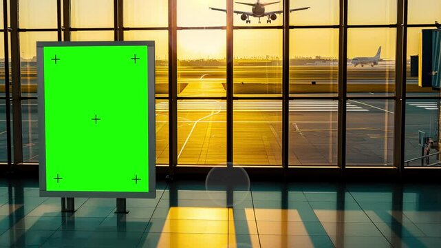Airport terminal - billboard mock up with green screen, animation.