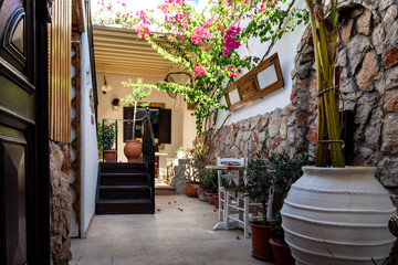 Caffee in Beautiful medieval architecture of Lindos town in Rhodes, Greece.