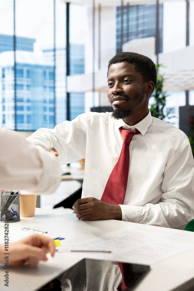 Poster hr worker reviewing happy candidate, doing handshake after asking questions about qualifications. ch