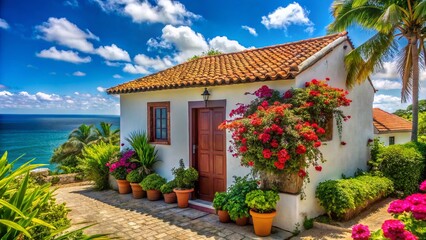 Fototapeta premium Charming Coastal Cottage Exterior, Sunny Day, Lush Greenery, Vacation Rental, Brazil