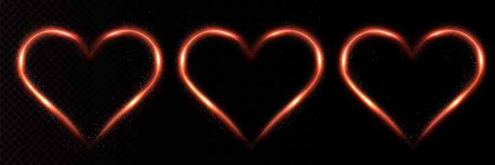 Glowing red heart with light flashes isolated on a transparent background. Beautiful heart-shaped gold wire glow perfect for Valentine's Day greeting cards, invitations, banners, and romantic designs.