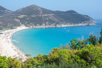 Aerial view of the beautiful Solanas beach with blue and turquoise water