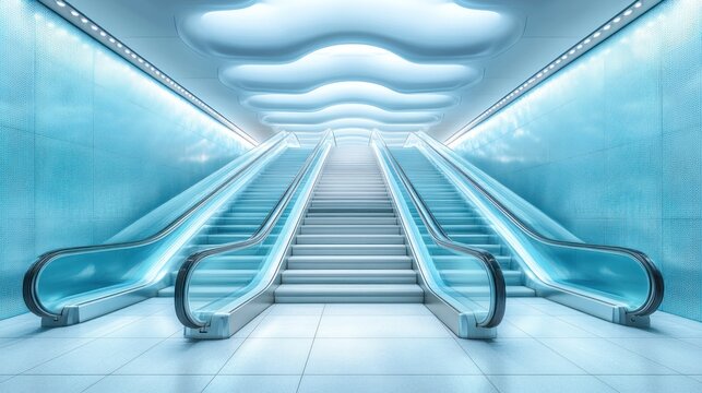 Futuristic subway escalators ascend, blue walls, modern design, travel
