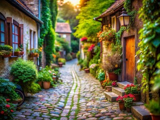 Fototapeta premium Charming Vintage Cobblestone Lane: Tilt-Shift Miniature Photography