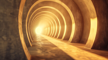 Illuminated Tunnel with Golden Light and Dramatic Arches, Ideal for Futuristic and Architectural Concepts