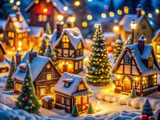 Fototapeta premium Charming Winter Village at Night, Festive Lights & Holiday Decorations, Snow Covered Houses