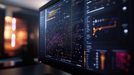 Computer screen visualizing a machine learning model in a modern workspace during evening hours