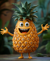 Joyful fresh fruit character, cheerful 3d pineapple model