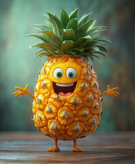 Fruit character with happy expression, 3D pineapple character